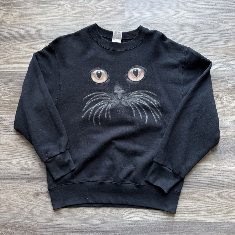Vintage 90s Black Cat Face Graphic Crewneck‎ Sweatshirt M Fruit Of The Loom USA